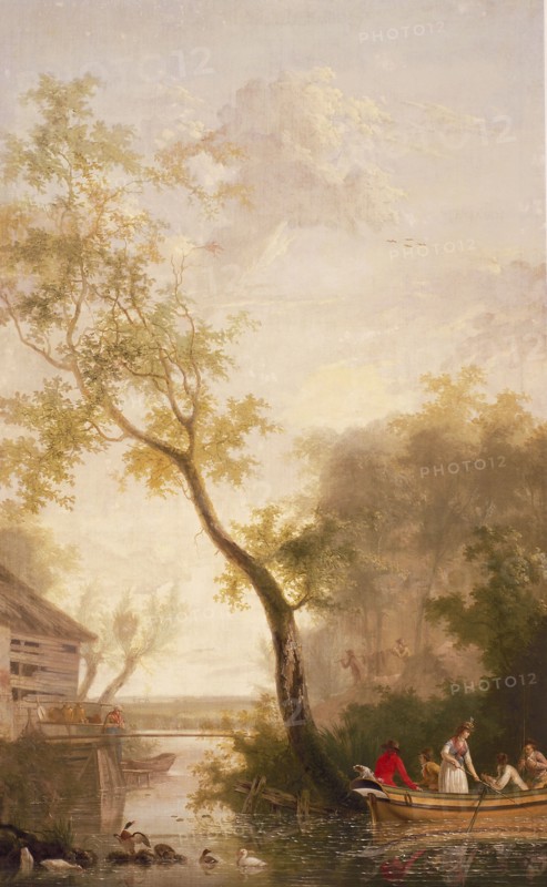 Gerrit Malleyn, Room wallpaper with gallant company in rowing boat, landscape wallpaper painting canvas linen oil painting