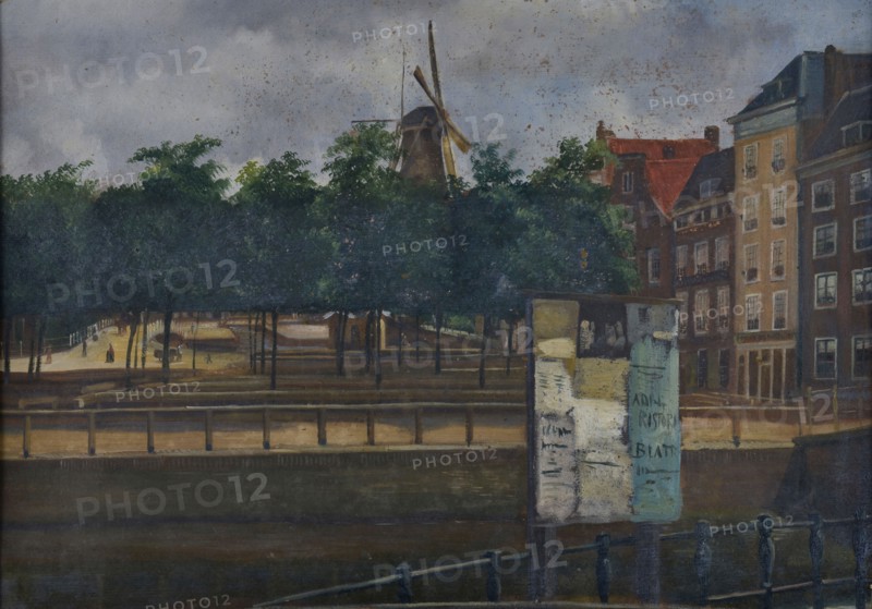 Jan Bikkers, Blue windmill and Veemarkt with an advertisement plate on the quay, Rotterdam, cityscape painting visual material