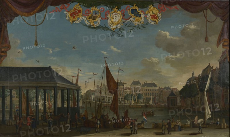 Pieter Tiele, View of the Korenbeurs on the Steiger, with five coats of arms above the show, Rotterdam, cityscape painting
