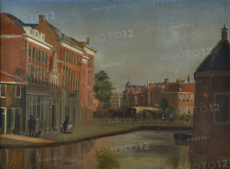 Jan Bikkers, View of the Karnemelkshaven with walking people and carriage, Rotterdam, cityscape painting visual material paper