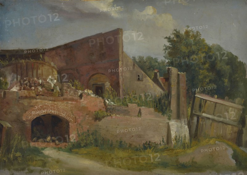 Jan Bikkers, Ruins of burnt-glass factory, possibly Hoffmann in Kralingen, Rotterdam, village view painting material paper oil
