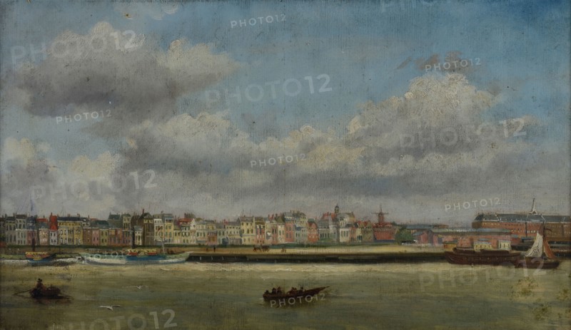 Jan Bikkers, Oosterkade with the far left the Rijksentrepot, Rotterdam, cityscape painting visual material paper oil painting