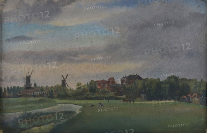 Jan Bikkers, Rotte with house 'Den Arend', Rotterdam, village view painting footage paper oil, In the big house 'den Arend'