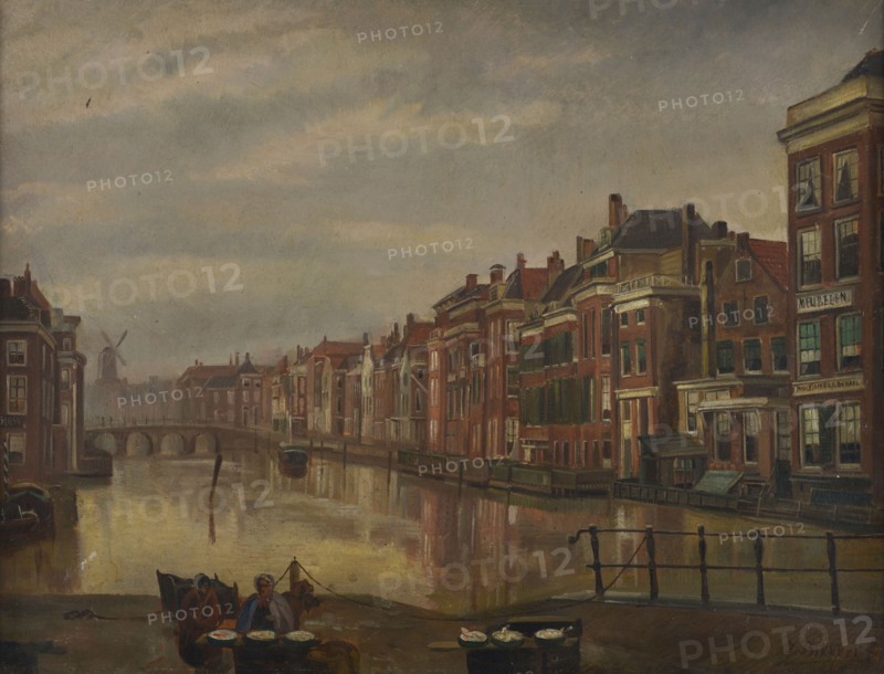 Jan Bikkers, Binnenrotte in the direction of the Lombard bridge with two salesmen in the foreground, Rotterdam, cityscape