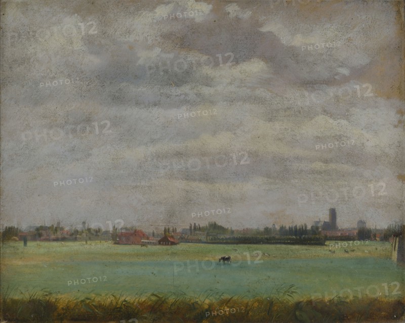 Jan Bikkers, Rotterdam seen from Crooswijk, cityscape painting footage paper oil, Crooswijk was originally rural neighborhood