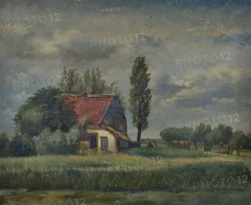 Jan Bikkers, Remains of Zijdewinde monastery, farm between trees in meadow landscape, Rotterdam, village view painting visual