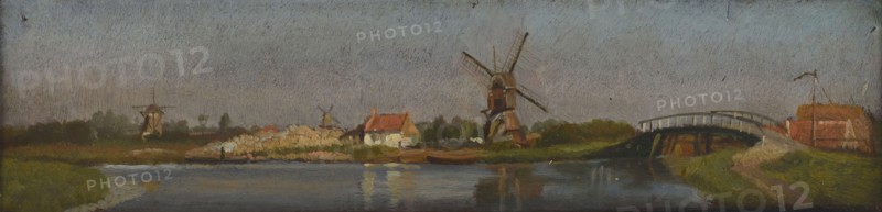 Jan Bikkers, View of the Rotte under Rubroek with wipwater mill and Hooge Rottebrug, Rotterdam, village view painting footage