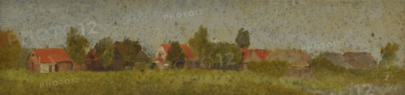 Jan Bikkers, Strip farms and trees with meadow in the foreground, Rotterdam, painting footage paper cardboard paint with carrier