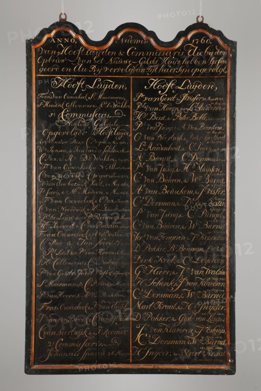 Nameplate with the main sounds of the Bag Carrier Guild 1760-1809, nameplate information form wood paint, hanging eyes