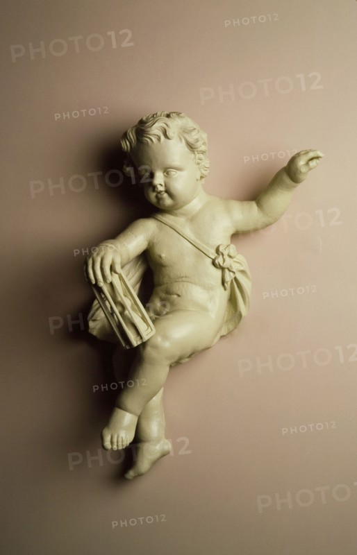 Wooden angel with hourglass, ornament carvings sculpture footage wood paint, Two wooden angels (mirrored) one with hourglass