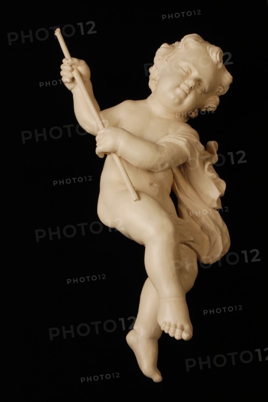 Wooden little angel with scythe, ornament wood carving sculpture wood painting, Two wooden angels (mirrored) one with hourglass