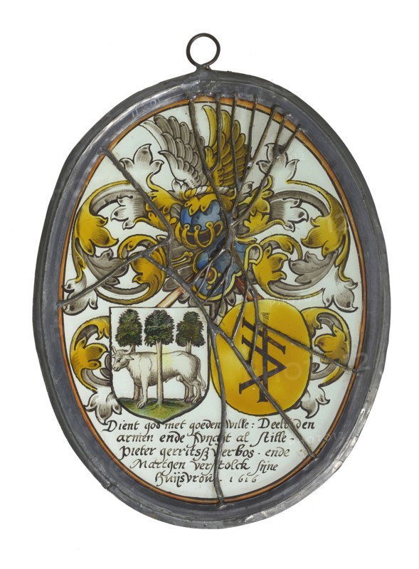 design: Elie van Rijckevorsel (?) (Rotterdam 1845 - Rotterdam 1928), Window hanger, painted glass with alliance arms Pieter G