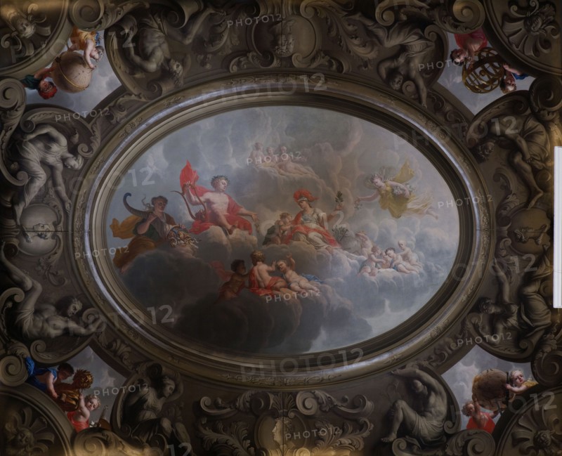 atelier Van Nijmegen; Gerard Sanders? Dionys van Nijmegen?, Painted ceiling, with oval center section, including Apollo