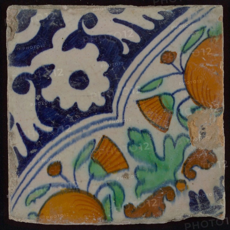 wall tile tile sculpture ceramic earthenware glaze, baked 2x glazed painted Yellow and reddish shard square two and four nail