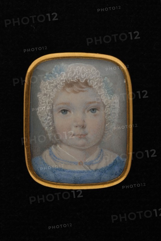 Portrait miniature of little girl, portrait miniature painting visual material ivory paint watercolor ivory backing, Standing