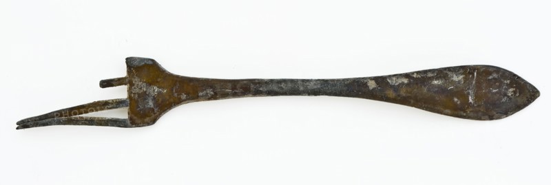 Fork with (originally) four teeth and flat handle with pointed end, fork cutlery soil find tin metal, Fork with four tines