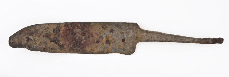 Blade with broken tip and narrowed sting, blade knife cutlery ground find iron metal, archeology Rotterdam rail tunnel cutting