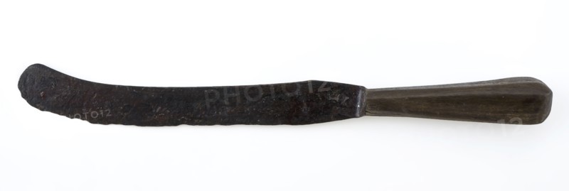 Knife with slightly curved blade and wooden handle, knife cutlery soil find iron wood metal, Long back curved blade