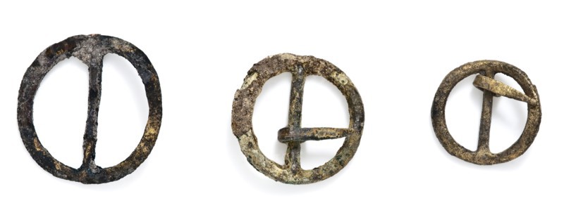 Three small buckles, round with middle post, clasp fastener component soil find brass copper metal largest, cast sawn 3 buckles