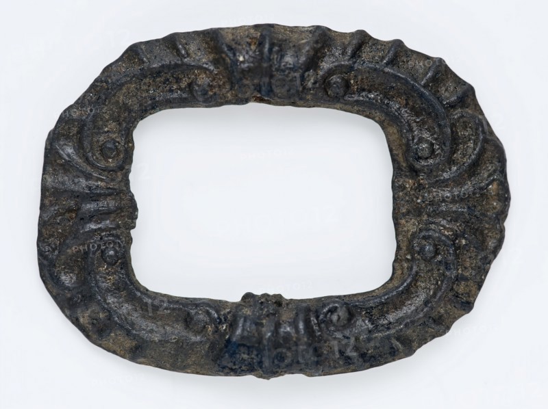 Small pewter clasp without angel, decorated frame, clasp fastener component soil find tin metal, Oval bracket archeology