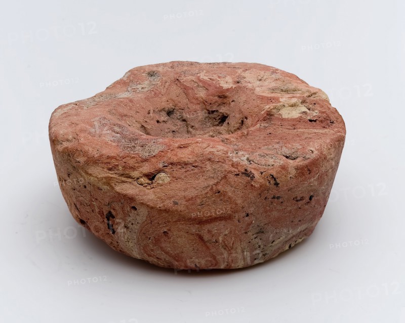 Earthenware disc with cavity and tapered walls, artifact soil found ceramic earthenware, shaped baked Round tapered stone