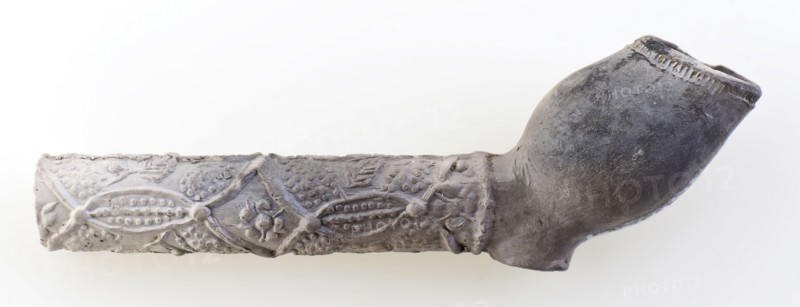 Clay pipe with floral ornament embossed on stem, clay pipe smoking equipment smoke floor pottery ceramics pottery, Pipe with