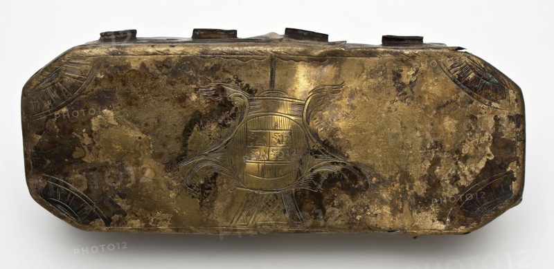 Copper tobacco box, oblong model, decorated with the city arms of Rotterdam, tobacco box holder soil find brass metal, w 5.9