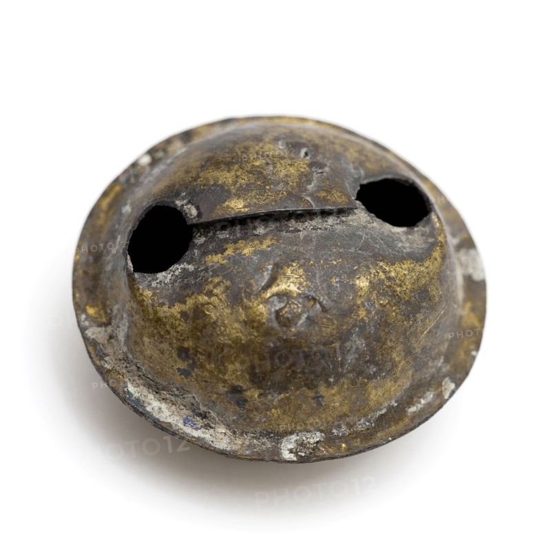 Brass bell of rattle, musical instrument or harness, marked, bell sounding device Soil discovery copper brass metal, soldered