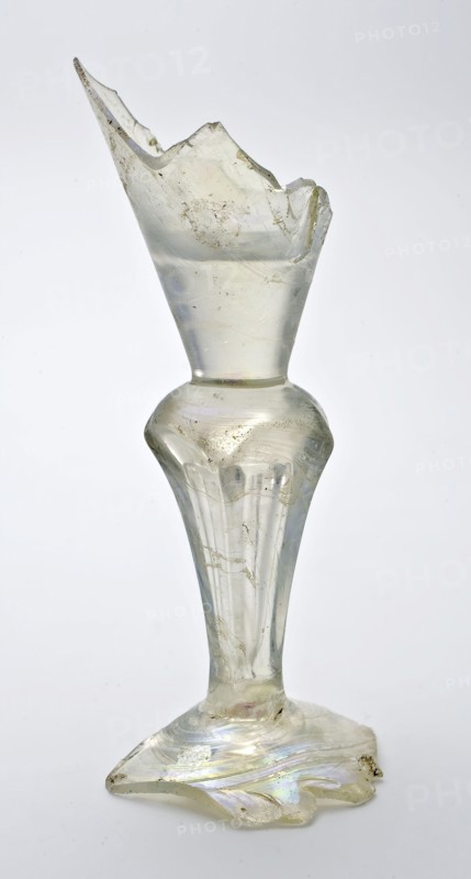 Fragment of part of the foot, trunk and part of the goblet of chalice with Silesian trunk in clear colorless glass, drinking