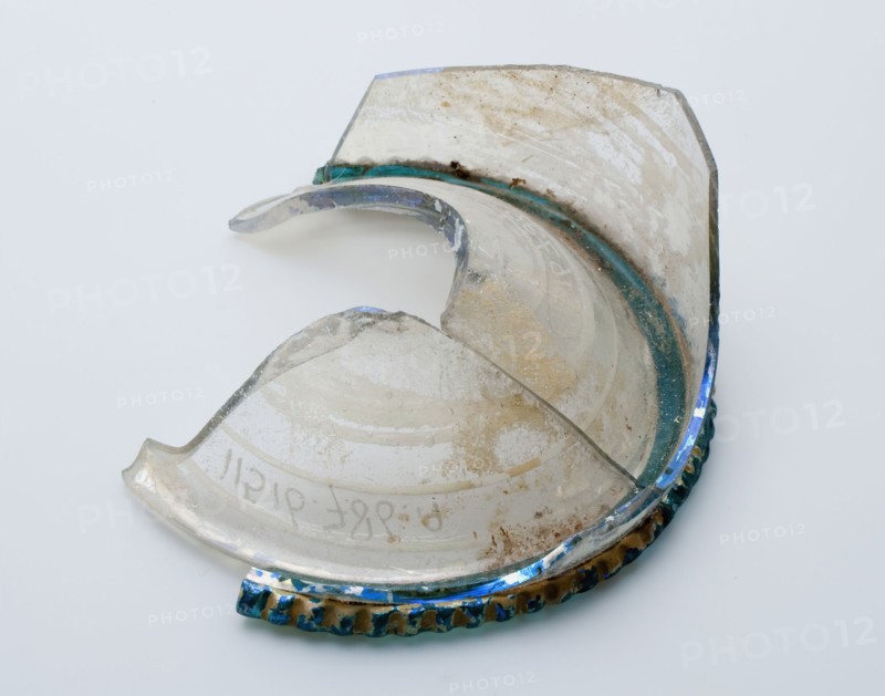 Two fragments of bottom, foot and part wall of smooth cup, drinking cup drinking vessel holder soil find glass, hand-blown glass