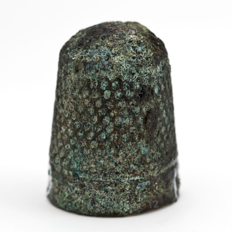 Copper molded thimble, thimble sewing kit soil find copper metal, cast Copper molded children's thimble with wells in lines