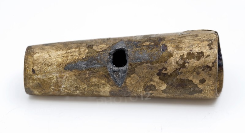 Conical brass tube with hole in side wall, artifact soil found brass metal, Hollow tapered pipe with hole in the side wall