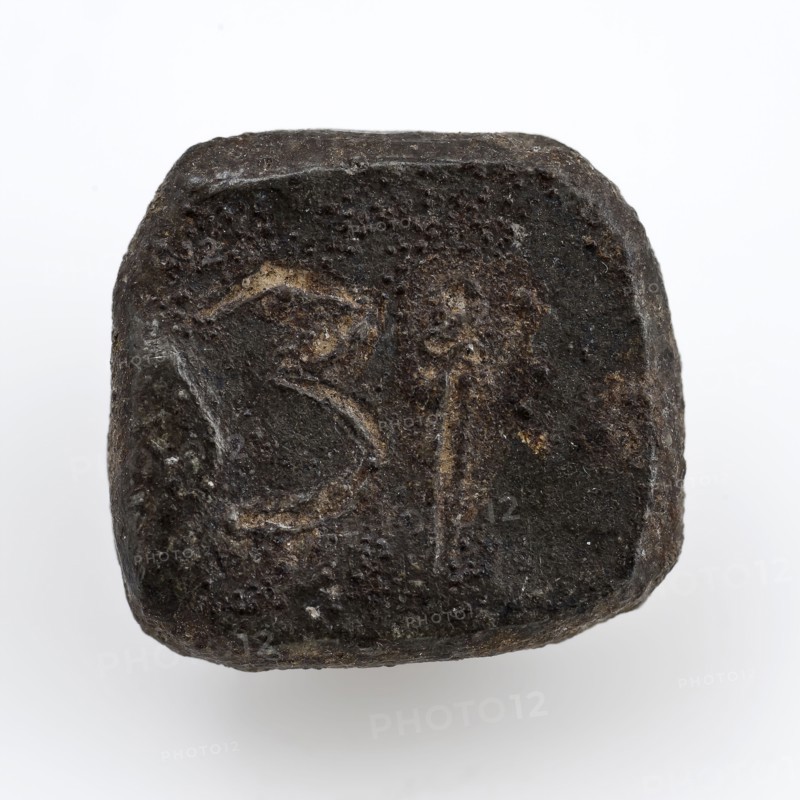 Flat rectangular metal weight or playing stone, marked, weight game ground find lead tin copper metal, cast engraved Square