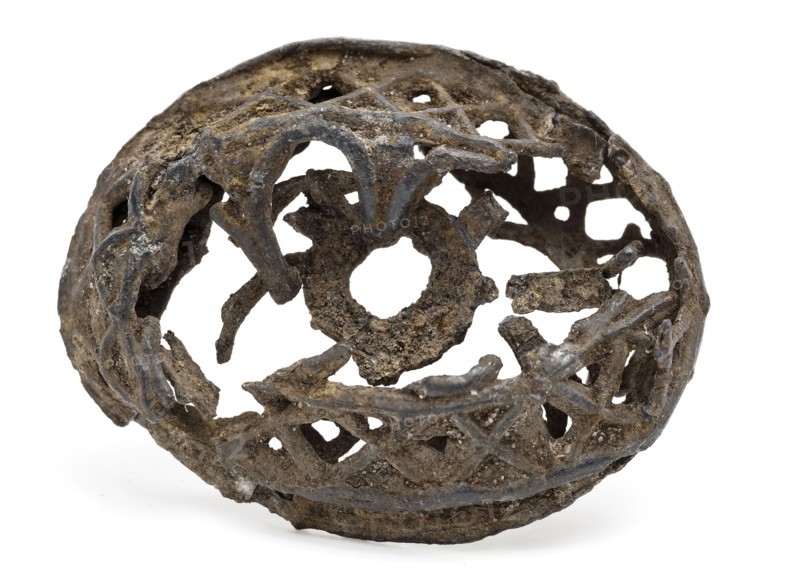 Oval, open-worked pewter object, artifact soil find tin metal, Oval of cut-away metalwork. Completely bent and is not closed