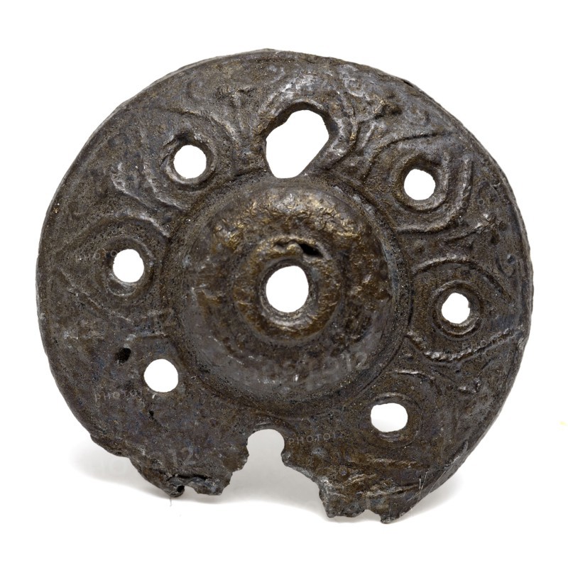 Three round objects of tin and lead, artifact soil found tin metal, casted Tin lid with holes Decorated with molded tendrils Lid