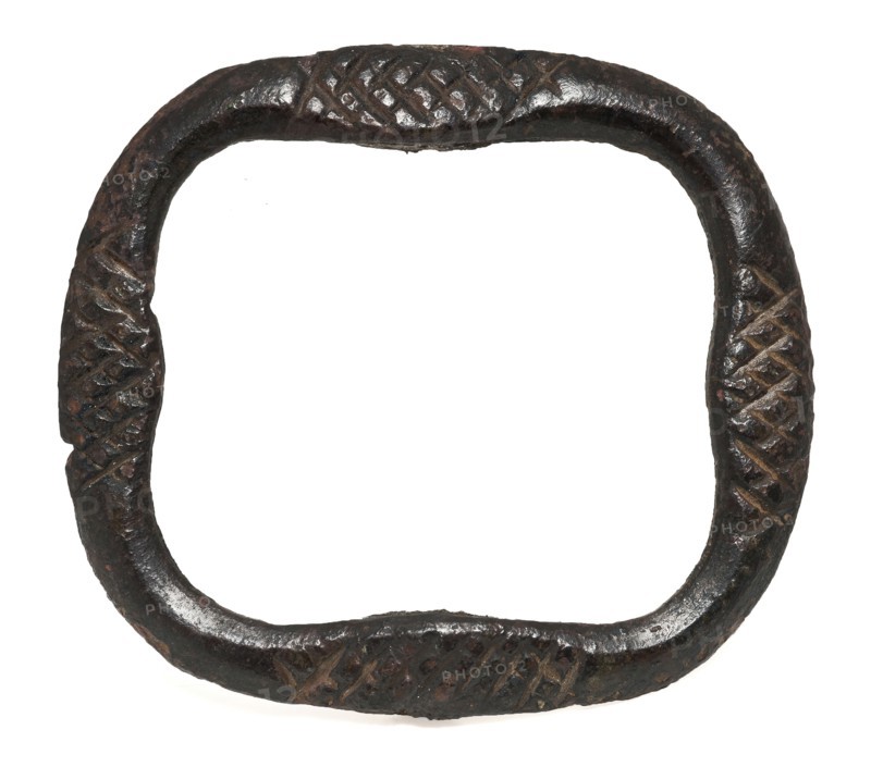 Shoe buckle, buckle decorated with embossed grid pattern, clasp fastener component soil find bronze copper metal, cast shoe Shoe