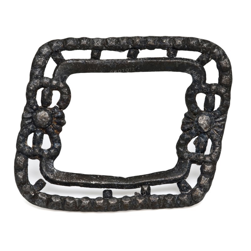 Pewter buckle with open frame, two bows, buckle fastener component soil find tin metal, cast Pewter clasp: rectangular openwork