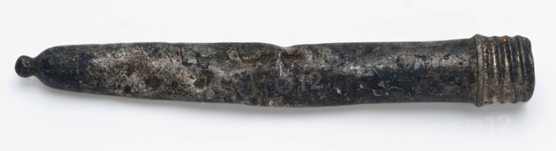 Needle tube with thread, sleeve holder soil find tin silver? metal, Dented tapered tube ending in tip. Top threaded archaeology