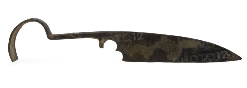 Half of squeeze shears with broad, pointed leaves, pinch cutter scissor cutting tool soil find iron metal, In point flared blade