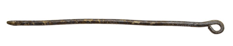 Metal locking pin with tip and curved part (eye), pin fastener part soil find copper metal, rod metal with pointed end and tip