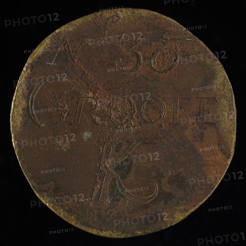 Chair medal, probably from the Grote of St. Laurenskerk, penny swap soil found brass brass metal, struck engraved brass penny