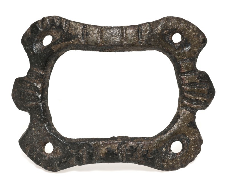 Shoe buckle with decoration and holes on the corners, buckle fastener component soil find bronze copper metal, cast Shoe buckle