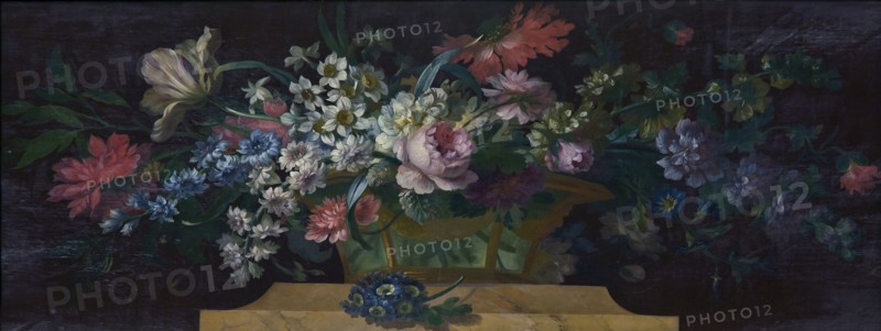 Willem van Leen, Upper door with basket filled with flowers on pedestal made of marble, still life painting footage linen paint