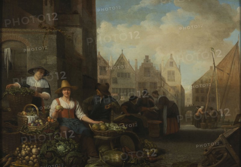 Hendrick Martensz Sorgh, The vegetable market, cityscape painting art oil painting wood gold plaster, Oil on panel lying