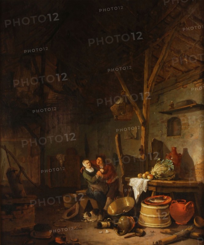 Egbert van der Poel, Farm interior with 'stirring' couple and still life in the foreground, painting footage oil paint paint