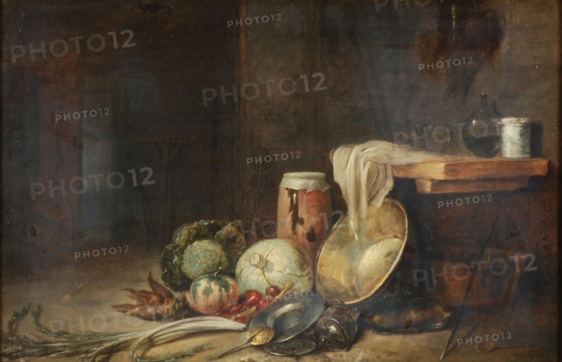 Willem Kalf, Interior with still life of vegetables and tableware, still life painting visual material wood oil, Painting: oil