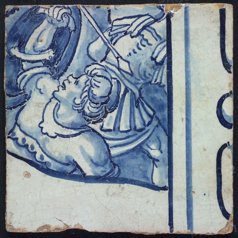 Tile of tile picture, blue, white ground, parts of two consecutive biblical scenes, 1-2 battle with Roman soldiers on horseback