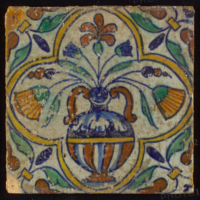 Polychrome flowerpot, corner motif, wing, wall tile tile sculpture ceramics pottery glaze, baked 2x glazed painted Yellow