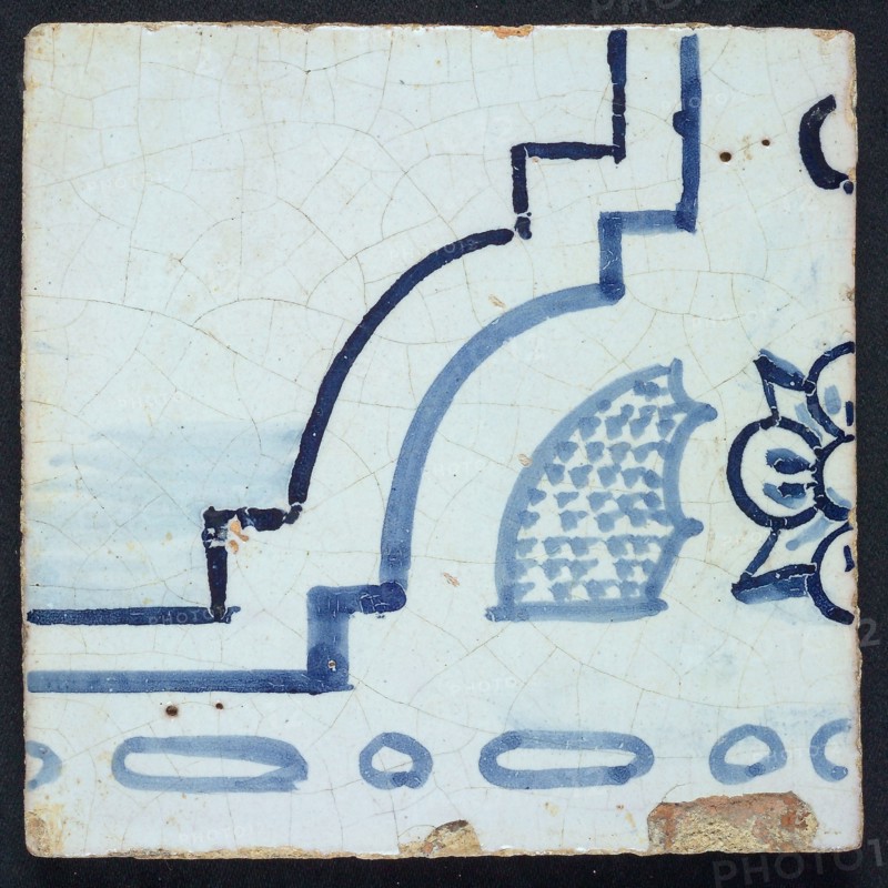 Intermediate tile of tile panel blue, white ground, two consecutive biblical scenes, with floral pattern and part floor or air