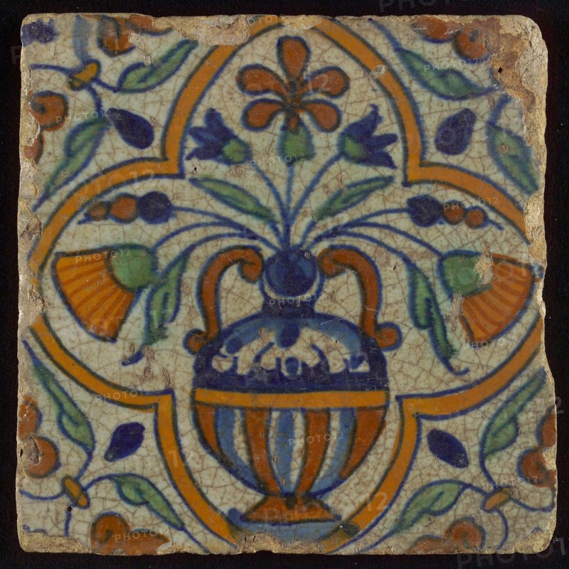Polychrome flowerpot tile, corner motif wing leaf, wall tile tile sculpture ceramics pottery glaze, baked 2x glazed painted